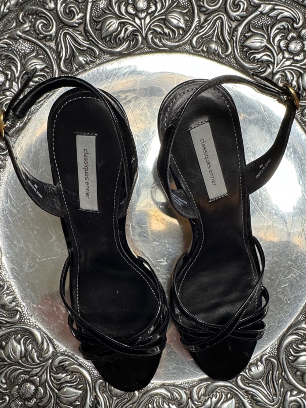 Classiques Entier Black Patent Leather Strappy Slingback Heels, size 8M